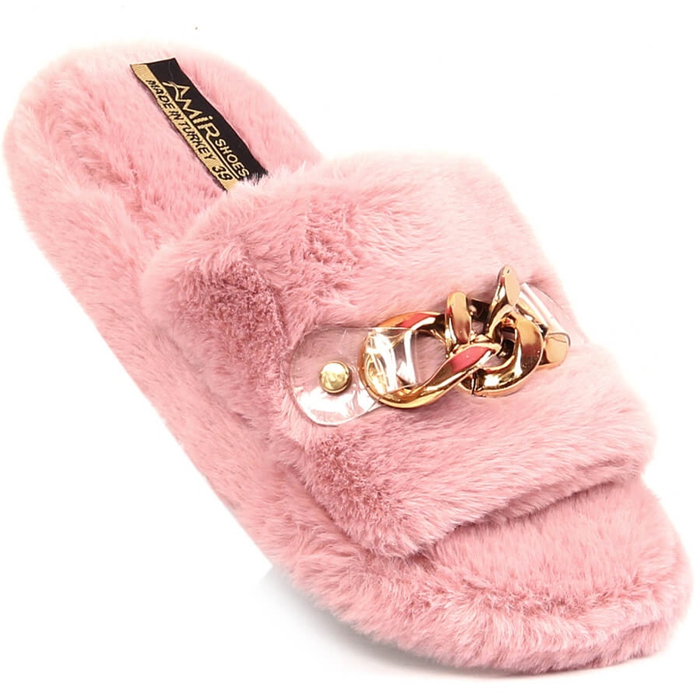 Women's plush slippers with a chain, pink 1