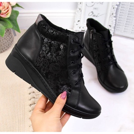Black leather women's boots on a wedge heel, black Helios 537 2