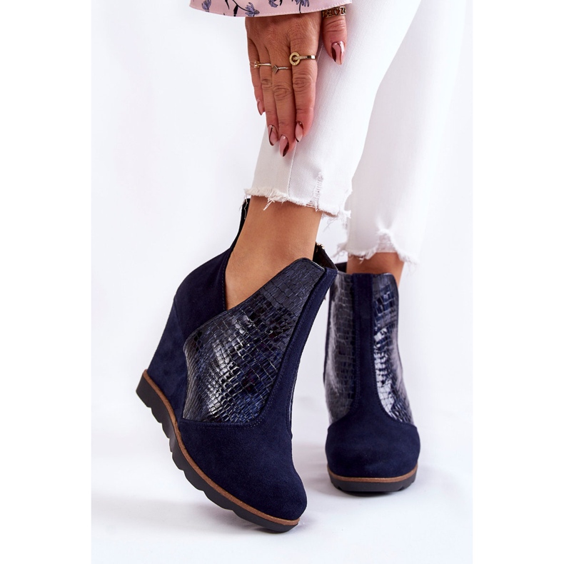 PA2 Suede boots on a crocodile wedge, navy blue Alda pattern 1