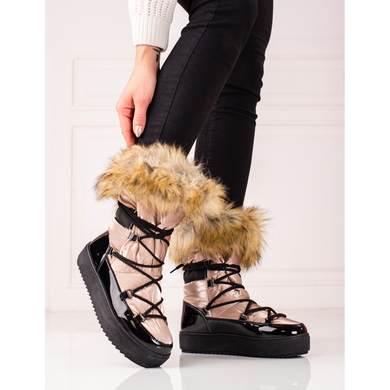 Women's platform snow boots with Shelovet fur beige black 1