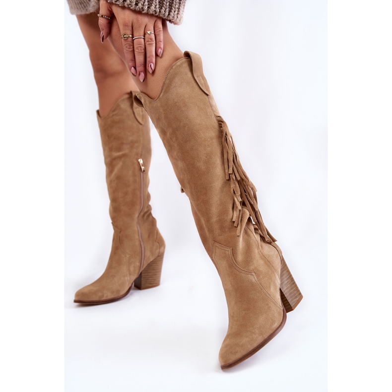 Lewski Shoes Women's Suede Cowboy Boots Lewski 3094 / F Dark Beige 1