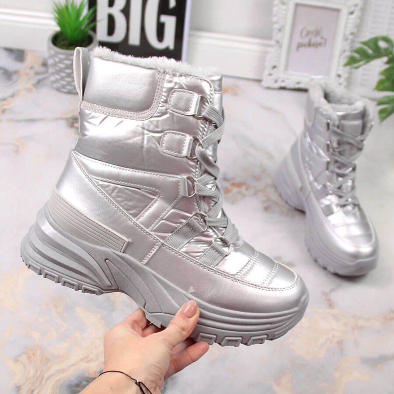 Women's lace-up snow boots metallic silver Potocki 1
