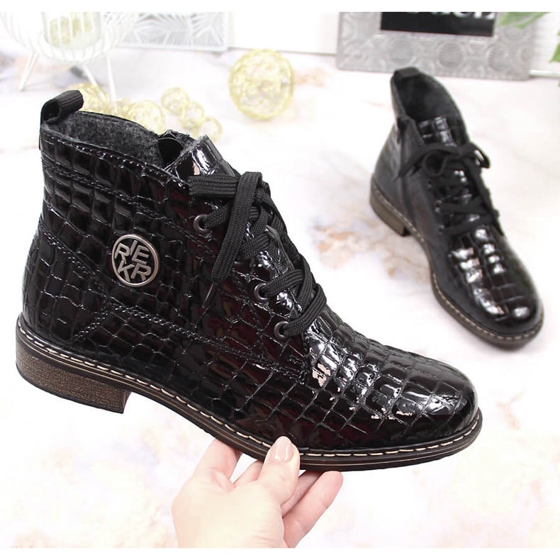 Leather lacquered boots for women insulated black croco Rieker 71205-00 1 Leather lacquered boots for women insulated black croco Rieker 71205-00 1