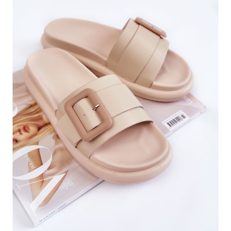 PA1 Women's Leather Slippers With A Buckle Beige Devia 1