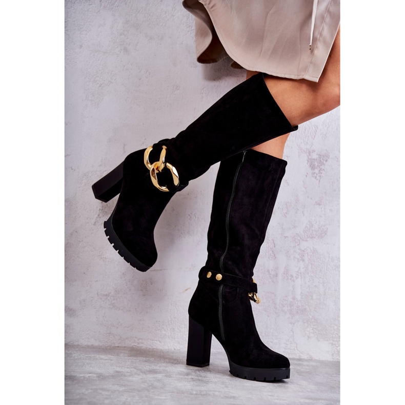 Suede Boots With Detachable Chain, Black 4