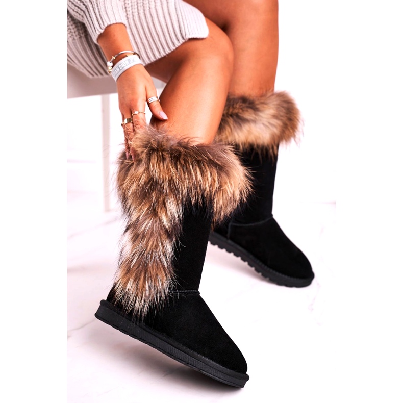Women's snow boots insulated with fur skin black suede 1