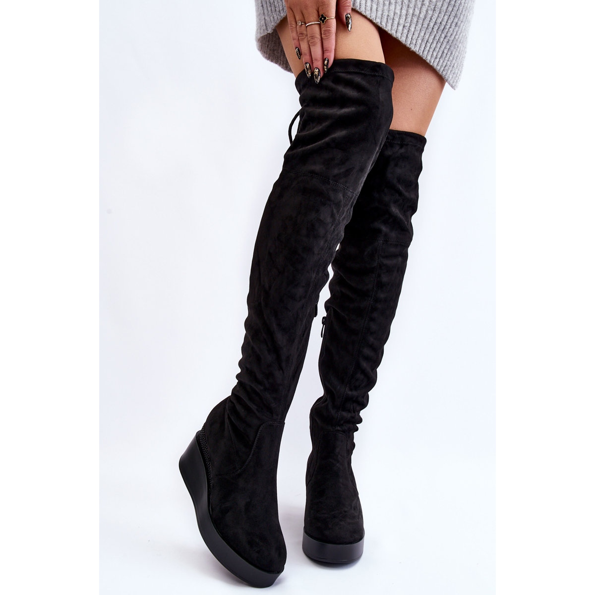Suede Over The Knee Black Wedge Boots Boots Outfit Black Suede
