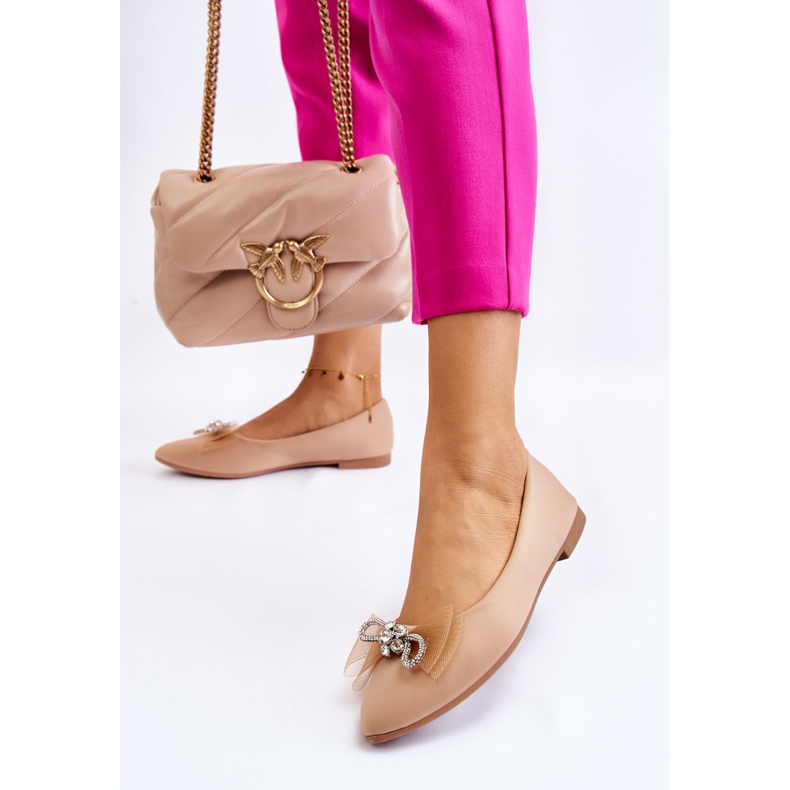 Women's Pointed Ballerinas With A Decorative Bow Dark Beige Luminous 2