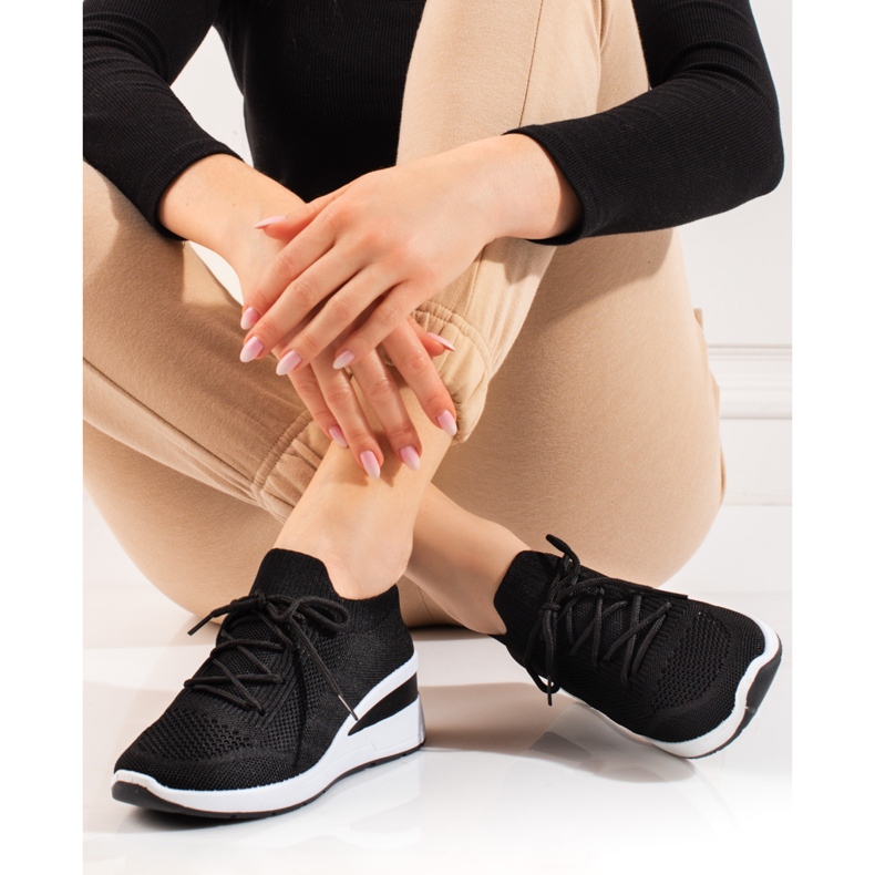 Women's Shelovet sock wedge sports shoes black 1