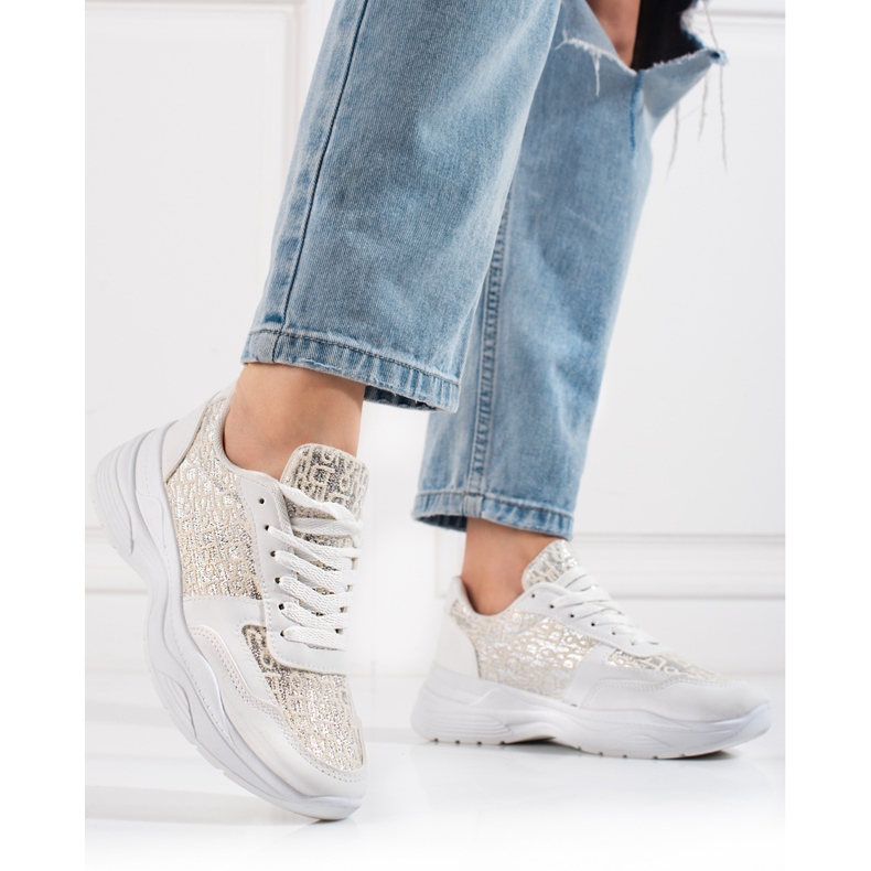 Shelovet women's sports shoes with a shiny white pattern silver 1