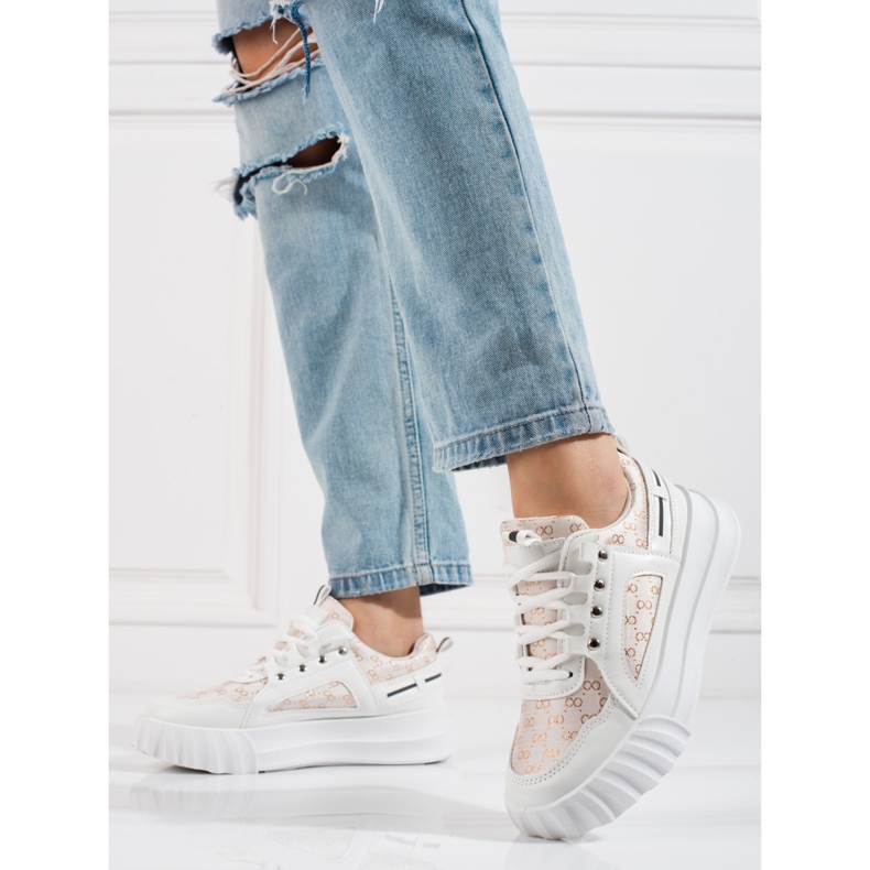 White Shelovet women's sports shoes with a thick sole beige golden 1 White Shelovet women's sports shoes with a thick sole beige golden 1