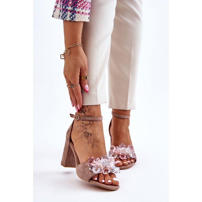 Elegant Sandals With Crystals On Dark Beige Cameron High Heels 1