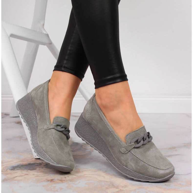 Gray Filippo DP3632 leather wedge loafers with a chain grey 1
