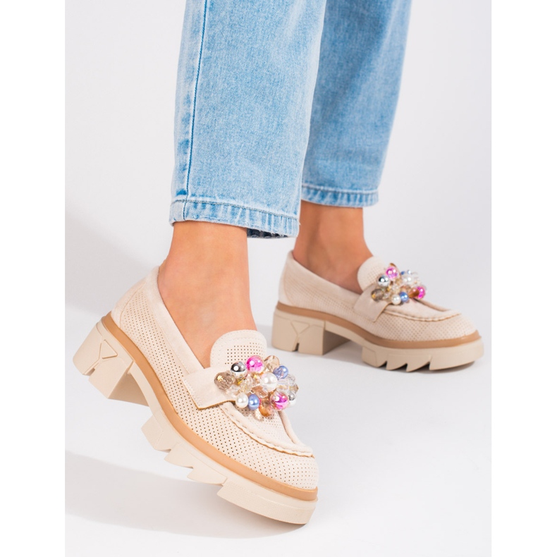 Seastar Women's loafers Shelovet suede with crystals beige 1