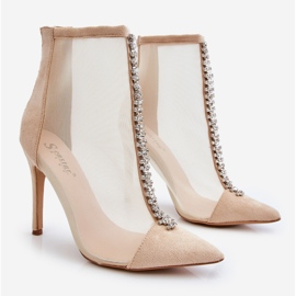 Fashionable Women's High Heel Boots With Mesh Beige Rummi 1