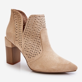 PM1 Fashionable Suede Openwork High Heel Boots Light Beige Genevi 1
