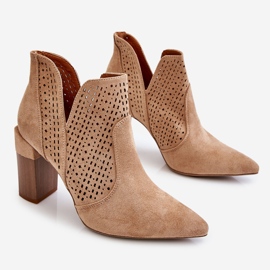 Fashionable Suede Openwork High Heel Boots Beige Genevi 1