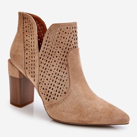 Fashionable Suede Openwork High Heel Boots Beige Genevi 2