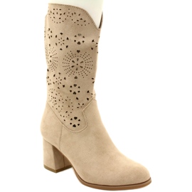 M.Daszyński Women's openwork ankle boots, suede, J.Beige 1
