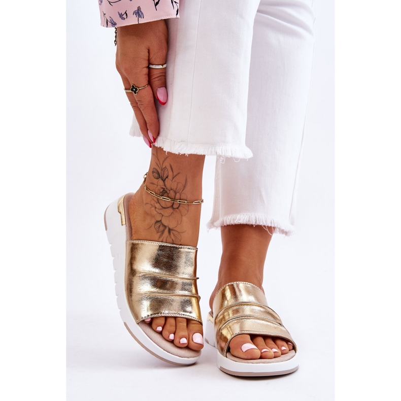 S.Barski Women's Leather Slippers On A Low Wedge Gold Leona golden 1