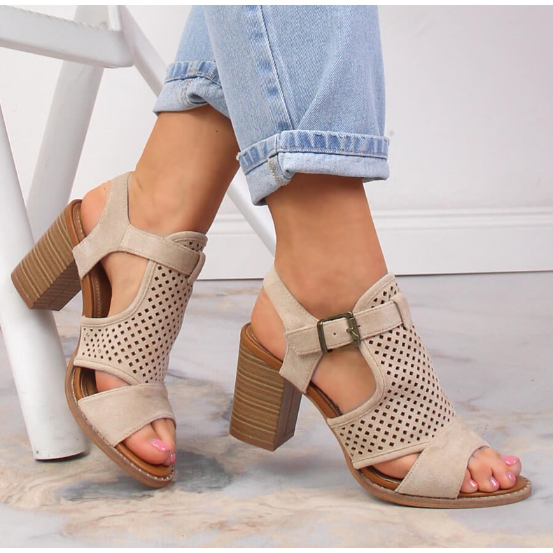 Suede sandals on a post with an openwork beige upper eVento 3581 1