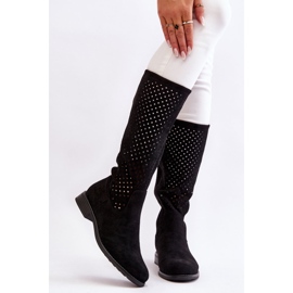 S.Barski Women's Suede Openwork Over Knee Boots Black Savannah 1
