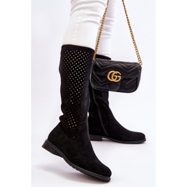 S.Barski Women's Suede Openwork Over Knee Boots Black Savannah 2