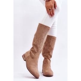 S.Barski Women's Suede Openwork Over Knee Boots Beige Savannah 1