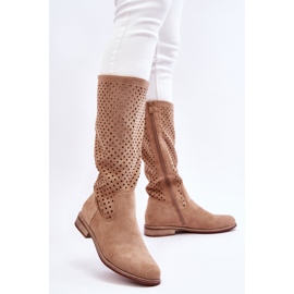 S.Barski Women's Suede Openwork Over Knee Boots Beige Savannah 2