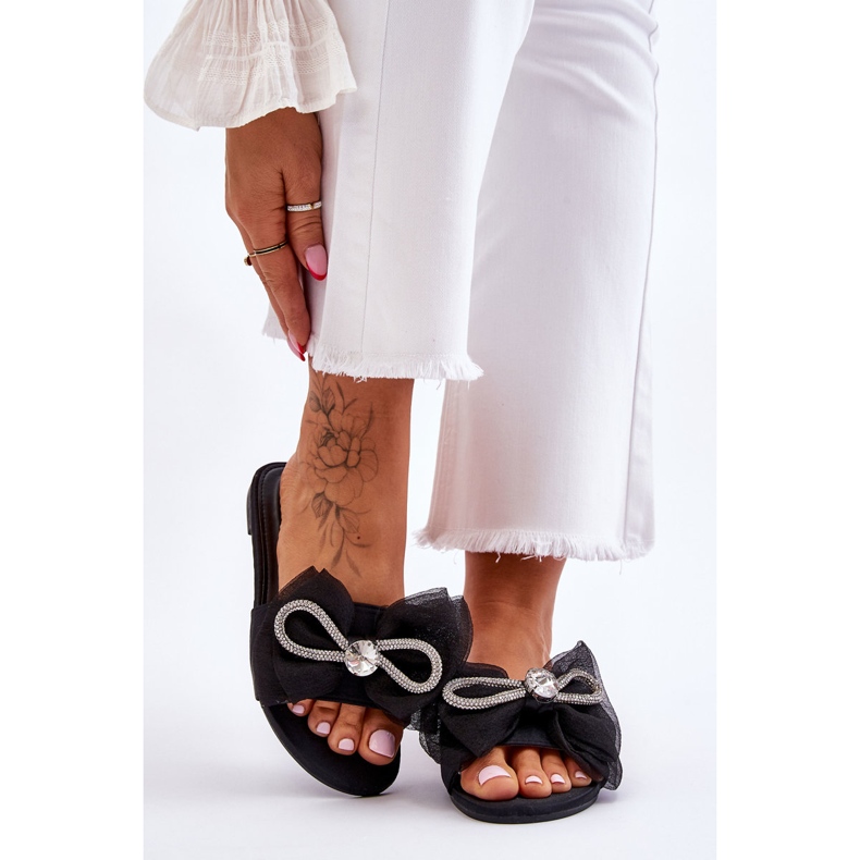 PS1 Women's Slippers With Bow And Rhinestones Black Jolene 1