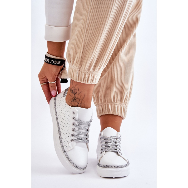 BM Women's Low Perforated Sneakers White and Silver Daxton 1