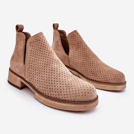 PS1 Angie Suede Openwork Flat Heel Boots Dark Beige 1