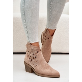 S.Barski Women's Suede Openwork Cowboy Boots Beige Daxon 2