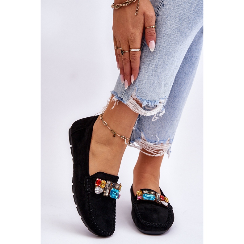 Women's Suede Loafers With Crystals Black Lucille 1