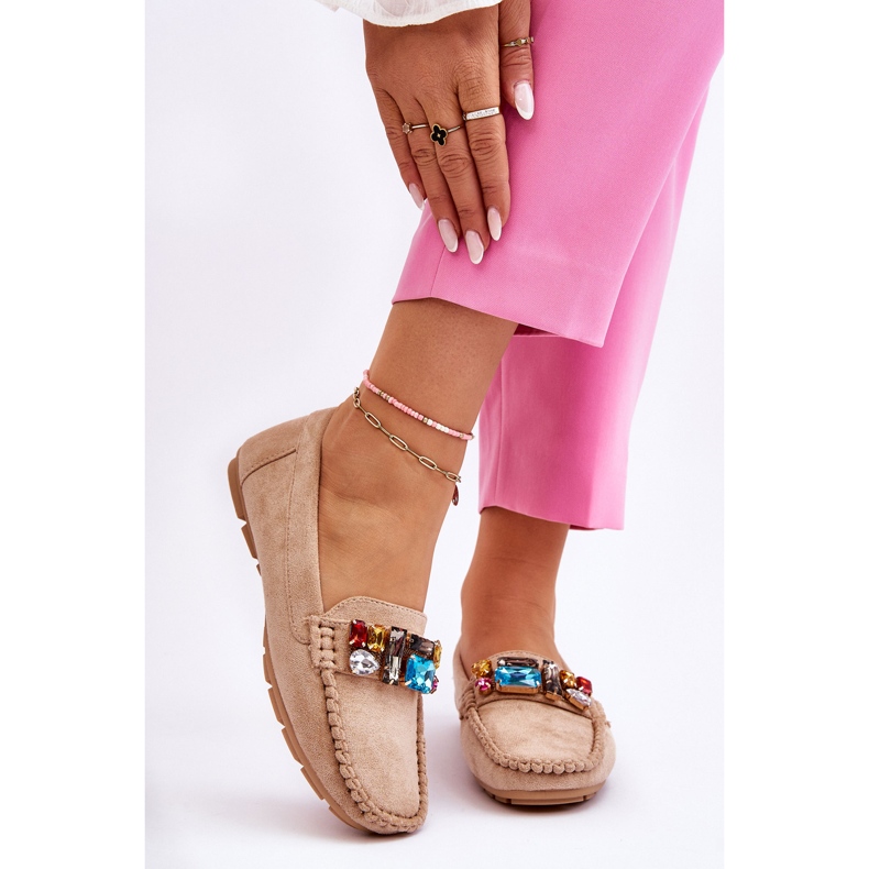 Women's Suede Loafers With Crystals Beige Lucille 1