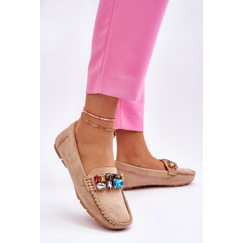 Women's Suede Loafers With Crystals Beige Lucille 2