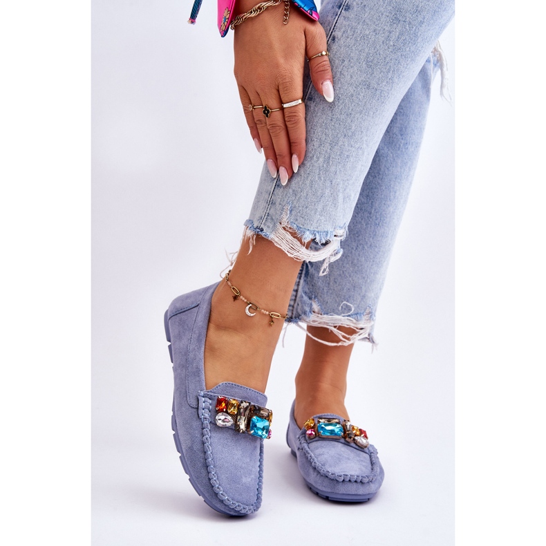 Women's Suede Loafers With Crystals Blue Lucille 1