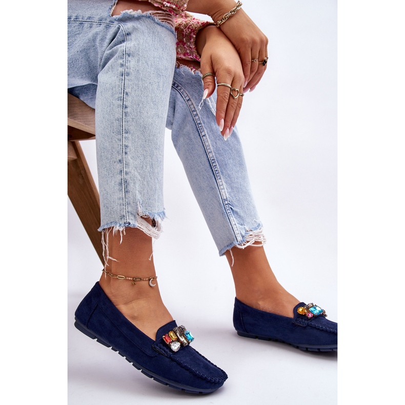 Women's Suede Loafers With Crystals Navy Blue Lucille 2