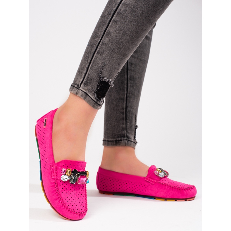Pink women's openwork loafers with crystals Shelovet suede 1