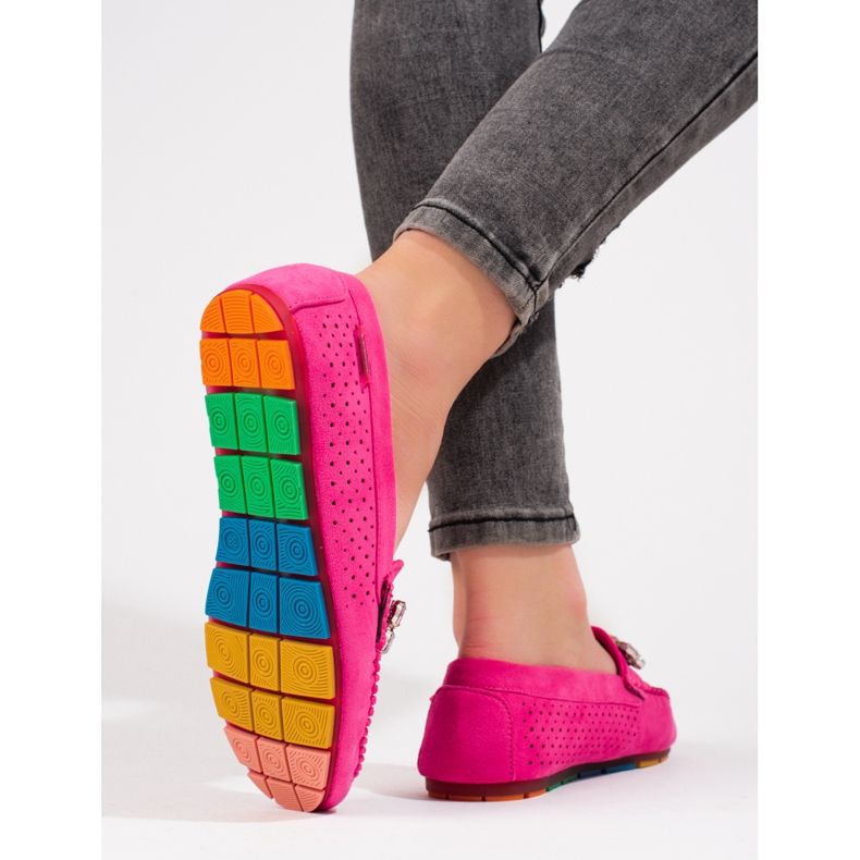 Pink women's openwork loafers with crystals Shelovet suede 2