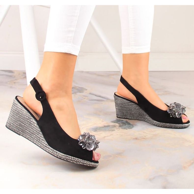 Suede wedge sandals with crystals Potocki W WOL137A black 2