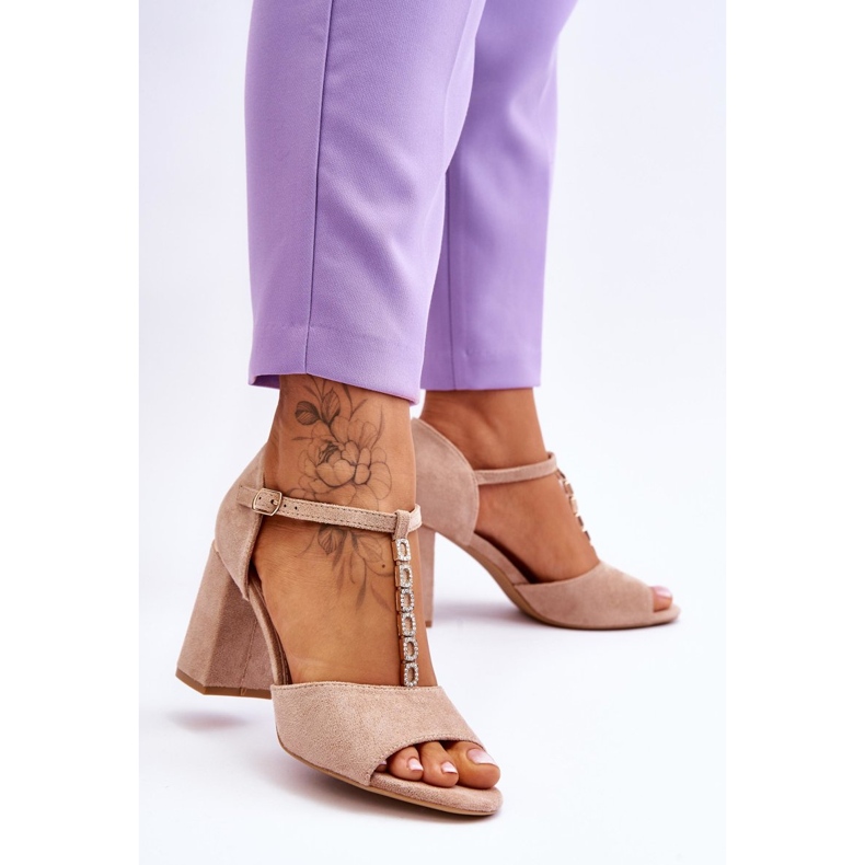 Vinceza Aniya Beige Suede High Heel Sandals With Rhinestones brown 2