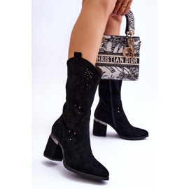 S.Barski Women's Suede Openwork Boots Black Adelia 1