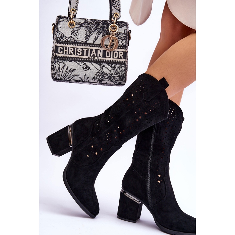 S.Barski Women's Suede Openwork Boots Black Adelia 2