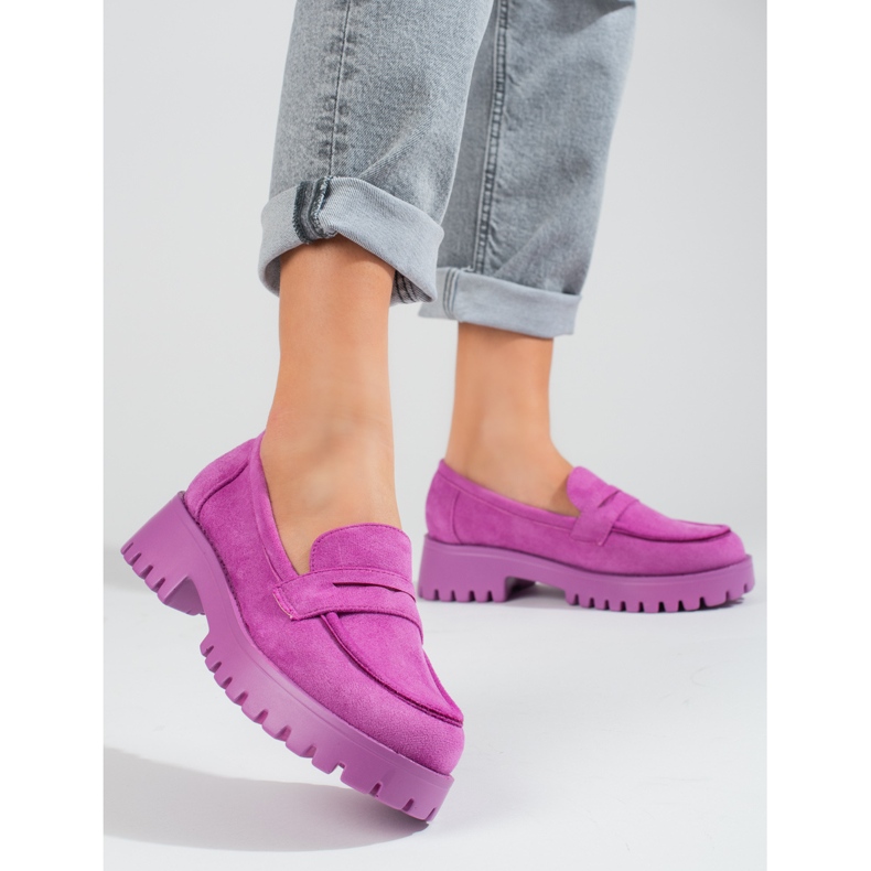 Purple women's moccasins on the platform Shelovet suede violet pink 1