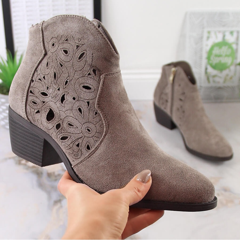 Women's openwork suede cowboy boots gray Jezzi RMR1921-42 grey 1
