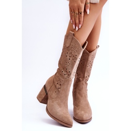 S.Barski Women's Suede Openwork Boots Beige Adelia 1
