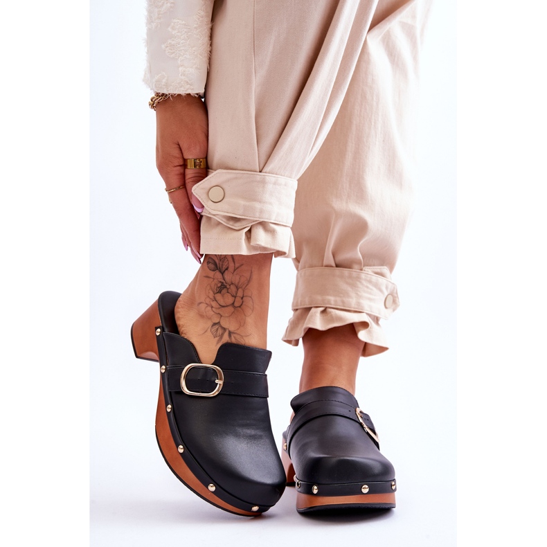 FI1 Women's Leather Slippers Clogs Black Fanett 1