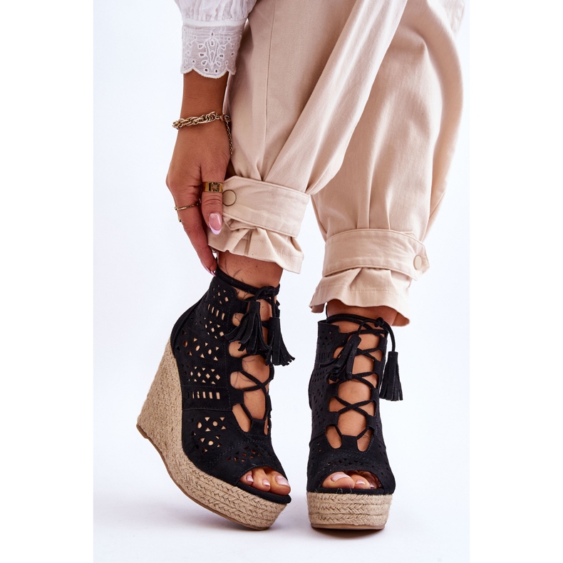 FB1 Suede Openwork Wedge Boots Black Berthe 1