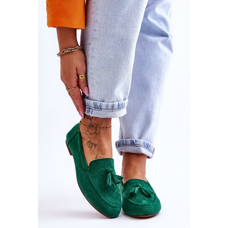 FB1 Suede Classic Loafers With Fringes Green Averil 1